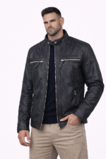 two chest zip pockets on mens black cafe racer leather jacket