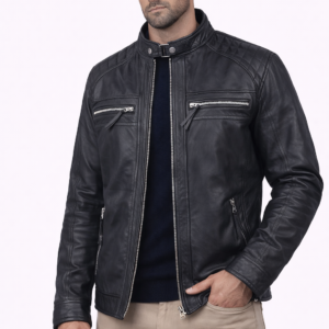 two chest zip pockets on mens black cafe racer leather jacket