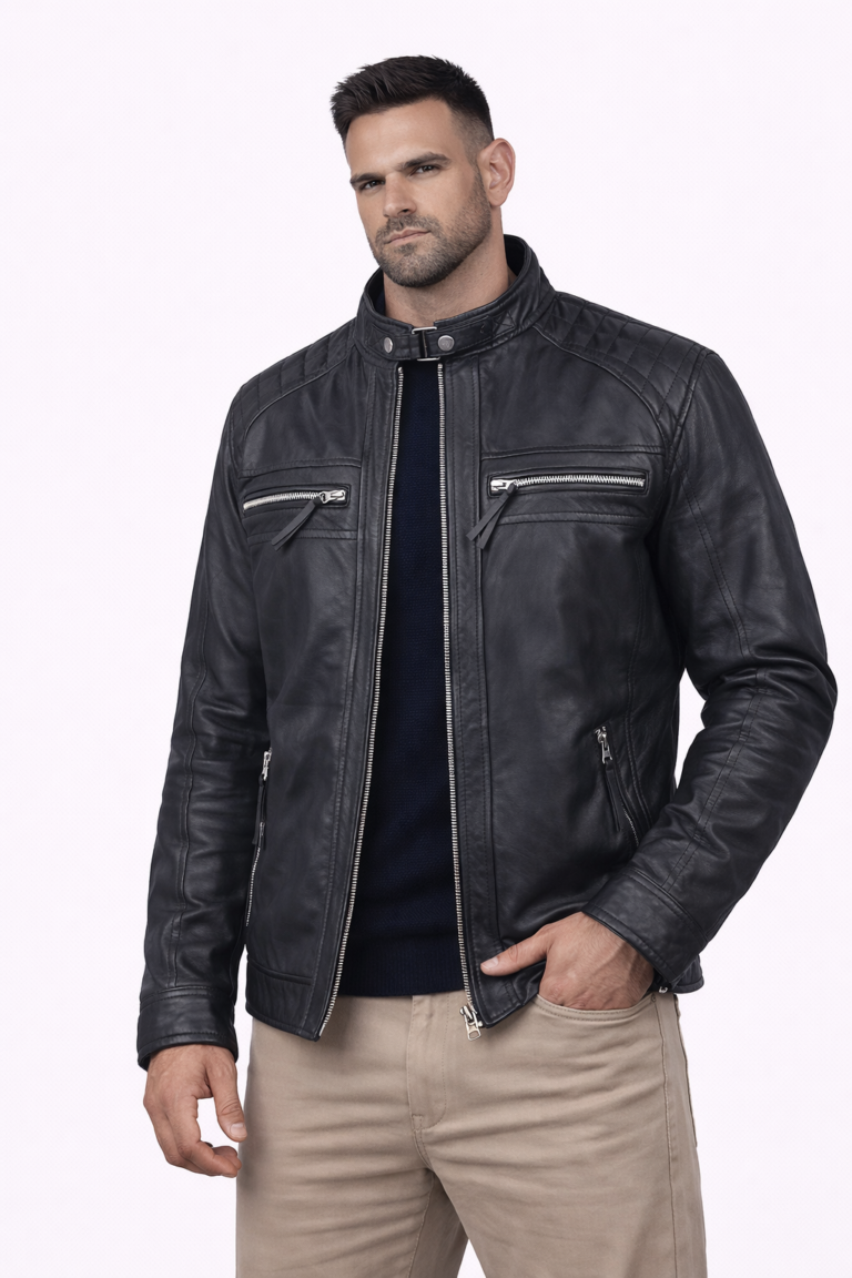 two chest zip pockets on mens black cafe racer leather jacket