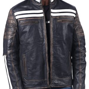 Black Distressed Penetrated Real Cow Leather Jacket For Men's