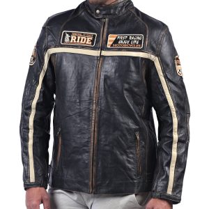 Men’s Beige Striped Black Leather Jacket