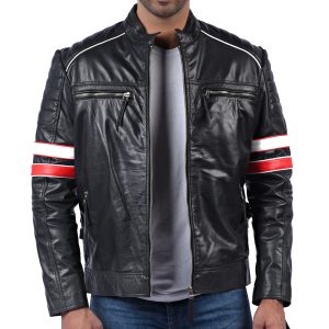 Men's Fashion Multi-Stripes Black Biker Leather Jacket