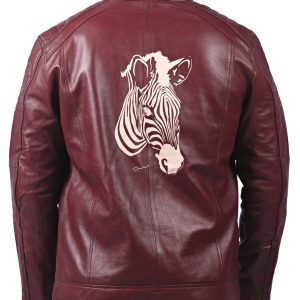Men's Maroon Café Racer Real Leather Jacket With Zebra Print
