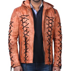 Roy Harper Arrow Hoodie Tan Waxed Real Leather Jacket For Men