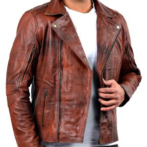 Triple Stitch Double Breast Distressed Camel Leather Jacket