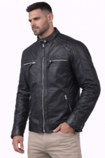 snap band collar detail on mens black cafe racer leather jacket
