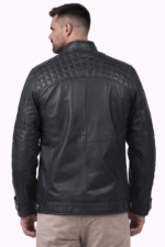 quilted shoulder panel detail on black sheepskin leather jacket