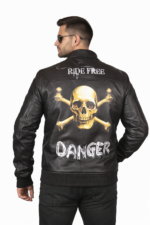 Mens skull print leather biker jacket black back view