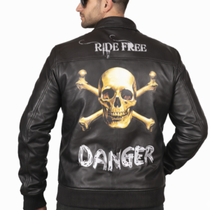 Mens skull print leather biker jacket black back view