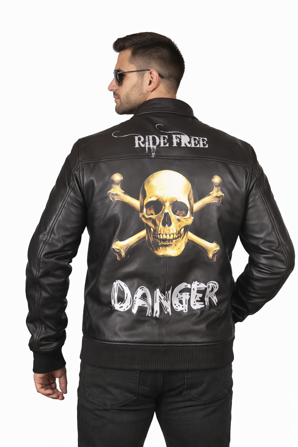 3D Skull Print Real Leather Jacket Back 02 Mens skull print leather biker jacket black back view
