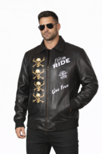 Close up skull digital print on leather jacket