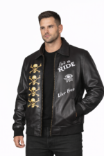 Mens skull print leather biker jacket black front view