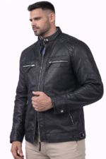 zip cuff and button detail on mens black sheepskin biker jacket
