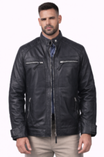 mens black sheepskin cafe racer leather jacket front view