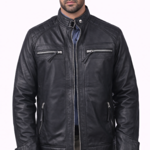 mens black sheepskin cafe racer leather jacket front view
