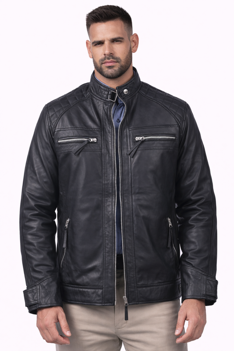 mens black sheepskin cafe racer leather jacket front view