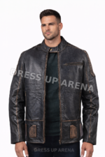 Mens black distressed leather jacket front view with padded panels