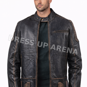 Mens black distressed leather jacket front view with padded panels