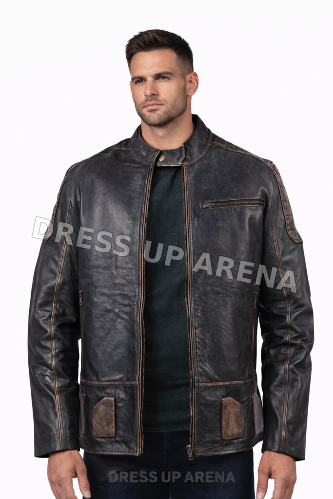 Mens black distressed leather jacket front view with padded panels