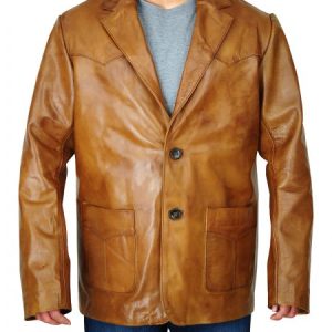 Mens tan leather blazer jacket button front and notch lapel