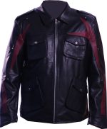 Mens black burgundy faux leather jacket front view