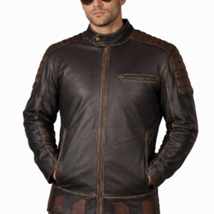 mens black cowhide leather jacket back view with skull print