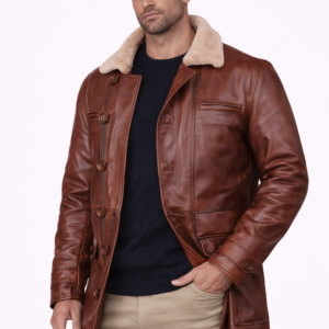 mens brown shearling lined leather coat front view with cream collar