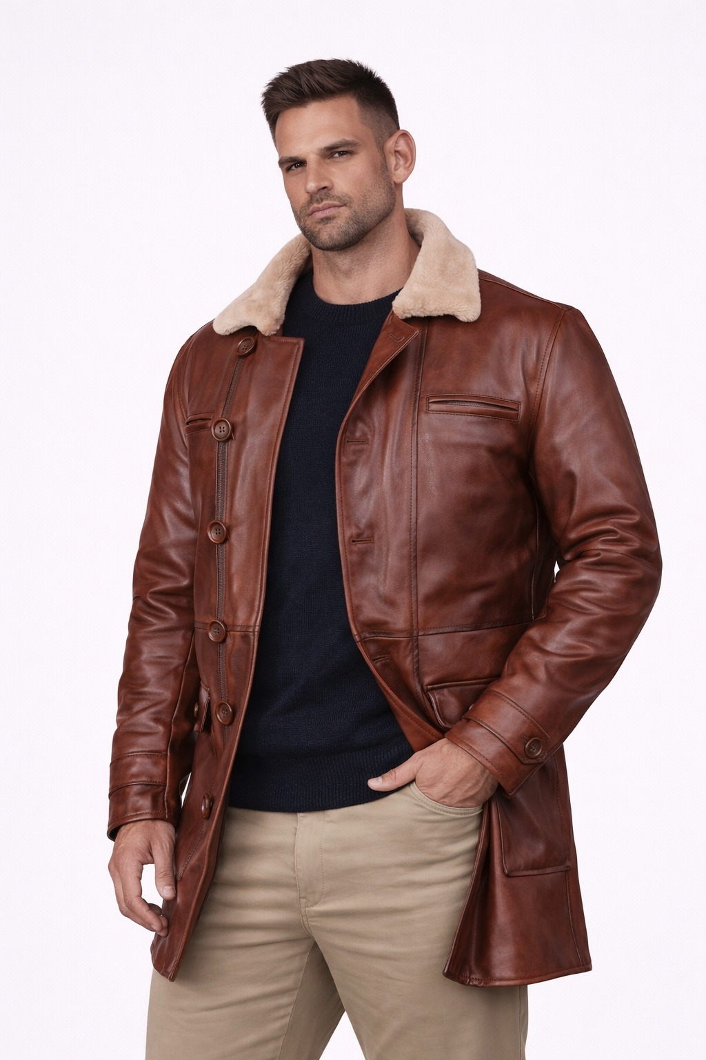 Bane Coat Waxed Main 04 mens brown shearling lined leather coat front view with cream collar