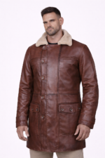 chest zip pocket detail on mens brown leather coat