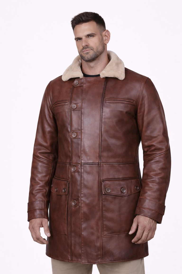chest zip pocket detail on mens brown leather coat