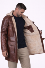 mens brown waxed leather coat with shearling lining inside view